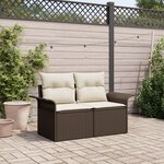 Canapé de jardin 2 places vidaXL avec coussins en poly rattan brun