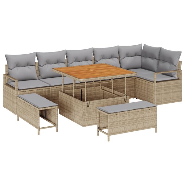 vidaXL Ensemble de Canapé de Jardin 9 Pièces avec Coussins Beige Rattan Poly Acacia