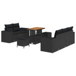Ensemble de canapé de jardin 8 pièces avec coussins en poly rattan noir et acacia