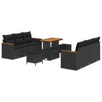 Ensemble de Canapé de Jardin 9 Pièces avec Coussins Noir Rattan Poly Acacia