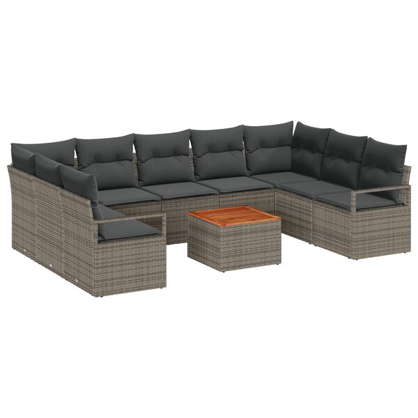 Ensemble de Canapé de Jardin de 10 pièces avec Coussins en Rattan Poly Acacia Gris