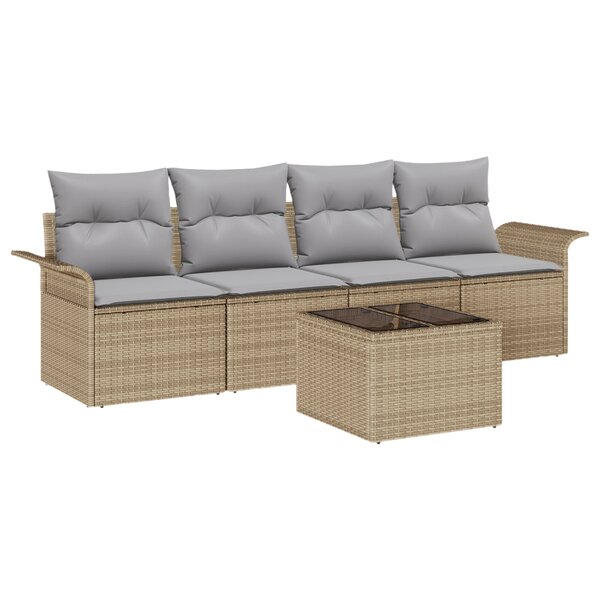 vidaXL Ensemble de Canapé de Jardin 5 Pièces avec Coussins Beige Poly Rattan