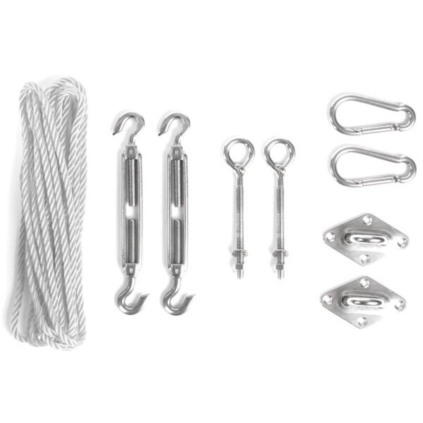 Perel Kit de fixation  2 tendeurs  2 pitons à visser  2 pontets sur platine  2 mousquetons  corde en nylon