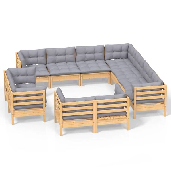 vidaXL Salon de jardin 11 Pièces avec coussins gris Bois de pin solide