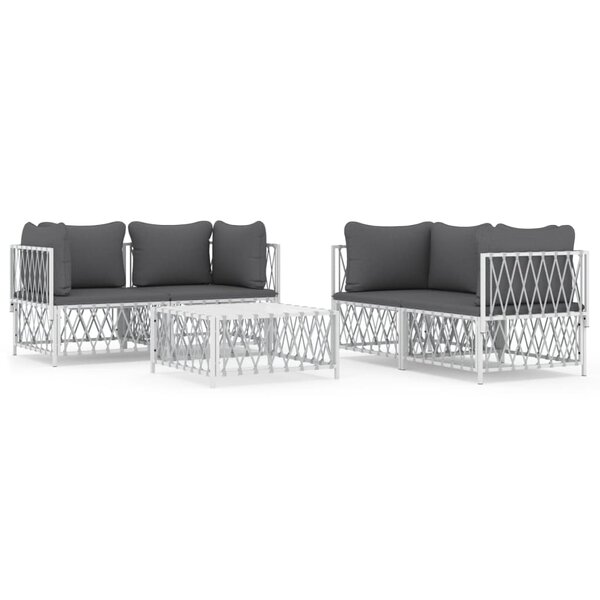 Salon de jardin meuble d'extérieur ensemble de mobilier avec coussins 5 pièces blanc acier 02_0018304