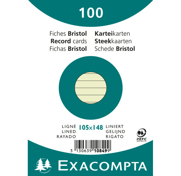 Paquet de 100 Fiches Bristol A6 vert ligné. s/s film EXACOMPTA