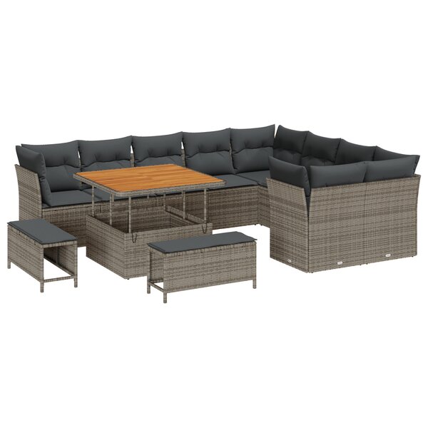 vidaXL Canapé de Jardin 12 Pièces avec Coussins Gris en Rattan Poly Acacia