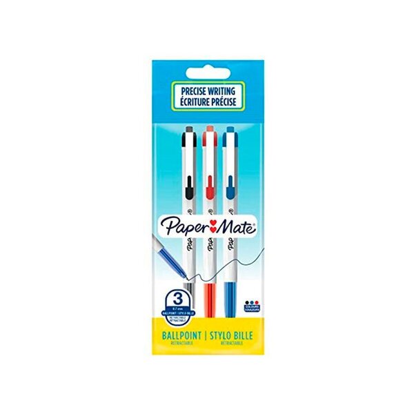 Sachet de 3 Stylos Bille Rétractable 046 RT Pointe 0,7 mm Assortis PAPER MATE