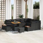 Ensemble de Canapé de Jardin 12 pièces avec Coussins Noir Poly Rattan Acacia