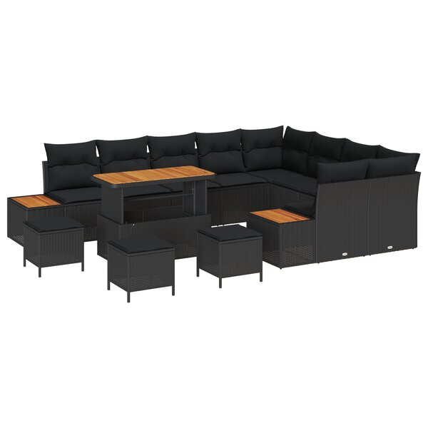Ensemble de canapé de jardin de 13 pièces avec coussins Noir Poly Rattan Acacia