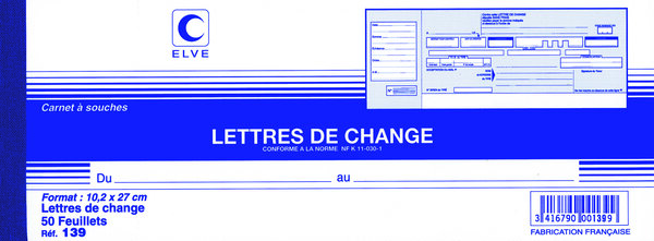 Carnet LETTRES DE CHANGE 102 x 270 mm 50 Feuillets ELVE