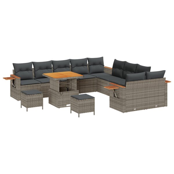 Ensemble de canapé de jardin 13 pièces avec coussins Gris Poly Rattan Acacia