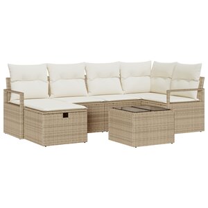 Ensemble de Canapés de Jardin 7 Pièces avec Coussins Beige en Poly Rotin