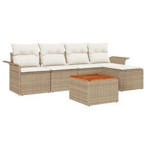 vidaXL Ensemble de Canapés de Jardin 6 Pièces avec Coussin Beige Poly Rattan Acacia