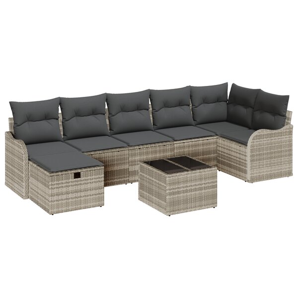 Ensemble de canapé de jardin 8 pièces avec coussins gris clair rotin poly