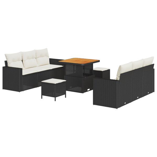 Ensemble de canapé de jardin 9 pièces avec coussins noir poly rotin acacia