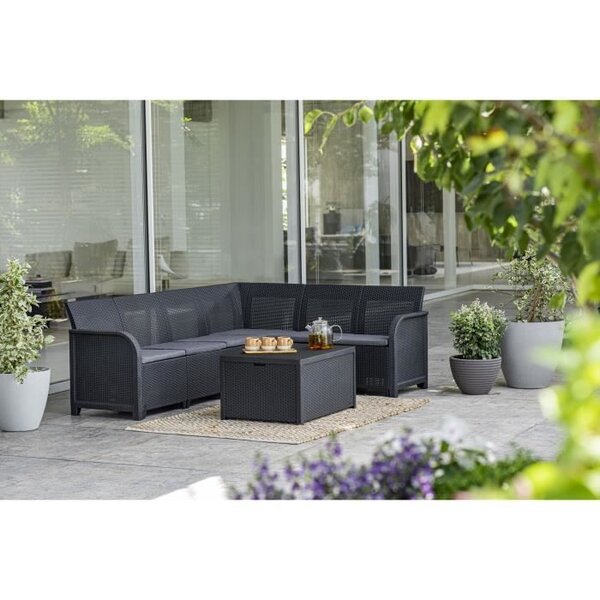 ALLIBERT by KETER - Canap‚ d'angle SanRemo Storage 6 places imitation rotin tressé avec table basse range-coussins - gris graphite