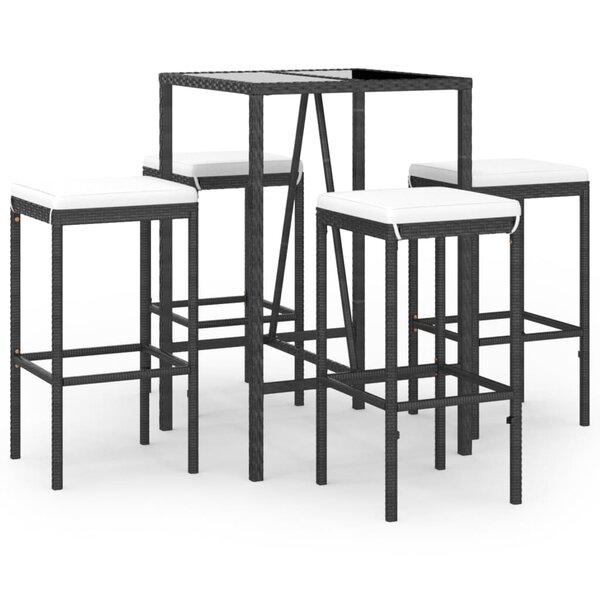 vidaXL Ensemble de bar de jardin 5 Pièces avec coussins noir poly rotin