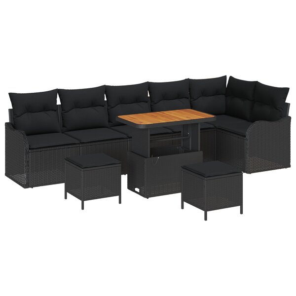 Ensemble de sofa de jardin 9 pièces avec coussins noir poly rattan acacia
