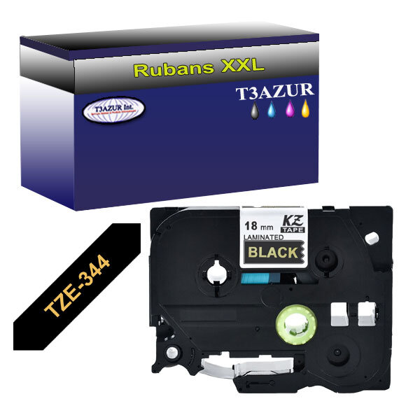 Ruban d'étiquettes laminées générique Brother Tze-344 pour étiqueteuses P-touch - Texte doré sur fond noir - Largeur 18 mm x 8 mètres - T3AZUR