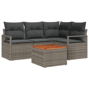 vidaXL Ensemble de Canapés de Jardin de 5 Pièces avec Coussins Gris Poly Rattan Acacia