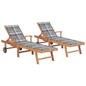 vidaXL Chaises longues lot de 2 avec coussin carreaux gris Teck solide