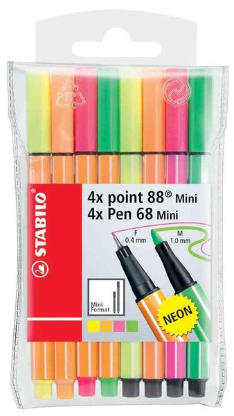 étui de 4 feutre Pen 68 Mini + 4 feutres Fineliner point 88 Mini assorties STABILO