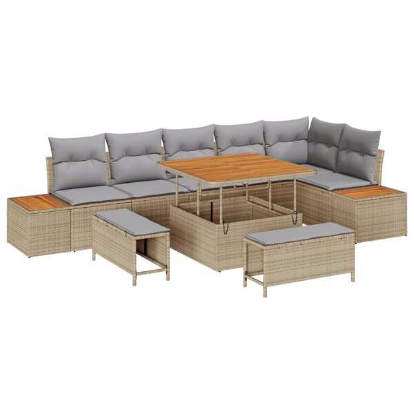 Ensemble de Canapé de Jardin de 9 pièces avec Coussins Beige en Poly Rattan Acacia