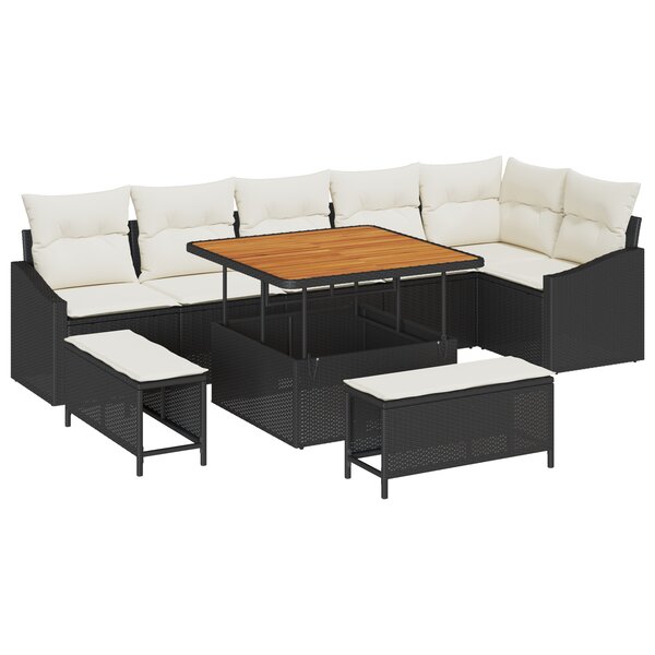 Ensemble de canapé de jardin 9 pièces avec coussins noir poly rattan acacia