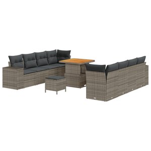 vidaXL Ensemble de Canapés de Jardin 11 Pièces avec Coussins Gris Poly Rattan Acacia