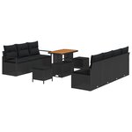 Ensemble de Canapé Jardin 10 Pièces avec Coussins Noir Poly Rattan Acacia