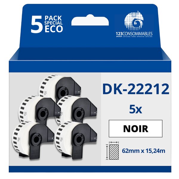 Pack de 5 Rouleaux Étiquettes compatible BROTHER DK-22212 - Largeur 62 mm x 15 24 m