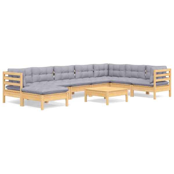 vidaXL Salon de jardin 9 Pièces avec coussins gris bois de pin massif