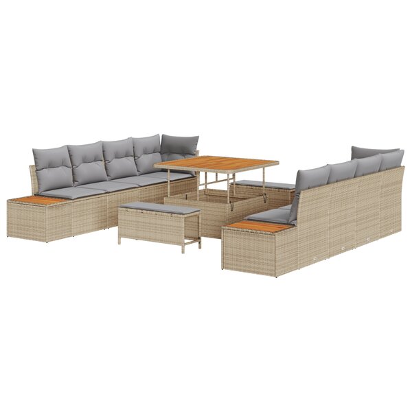 Ensemble de Canapé de Jardin 11 Pièces avec Coussins Beige Poly Rattan Acacia