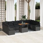 Ensemble de Canapés de Jardin 11 Pièces avec Coussins Noir Poly Rattan Acacia