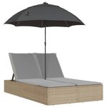 vidaXL Chaise longue double avec coussins et parasol beige poly rotin
