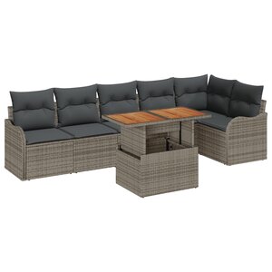 vidaXL Ensemble de Canapés de Jardin 7 Pièces avec Coussins Gris Poly Rattan Acacia