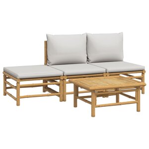 Salon de jardin meuble d'extérieur ensemble de mobilier 4 pièces avec coussins gris clair bambou 02_0016133