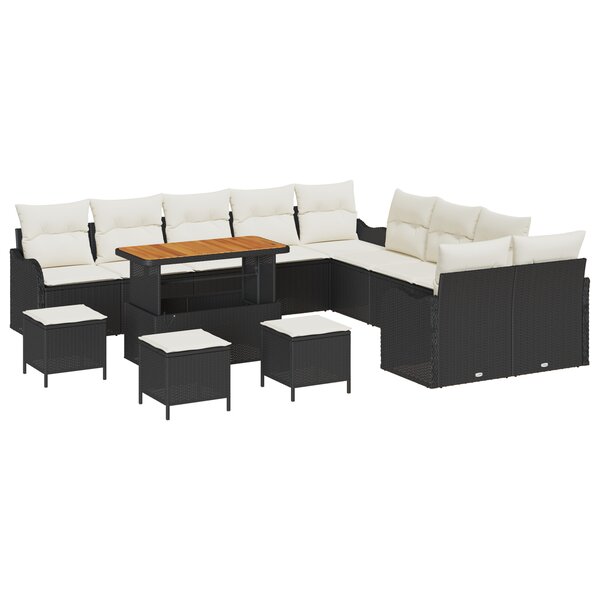 Set de Canapé de Jardin 14 pièces avec Coussins Noir Poly Rotin Acacia
