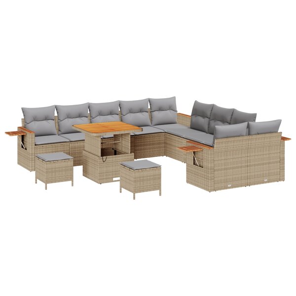 Ensemble de canapé de jardin 13 pièces avec coussins beige poly rattan acacia