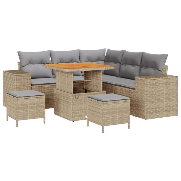 Ensemble de canapés de jardin 8 pièces avec coussins beige poly rotin acacia