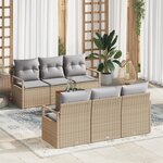 Ensemble de Canapé de Jardin de 7 Pièces avec Coussins Beige en Rattan Poly Acacia