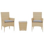 vidaXL Ensemble de bistro avec coussins 3 Pièces beige rotin et verre