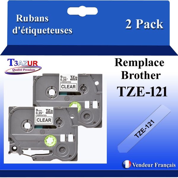2x  Rubans d'étiqueteuses compatibles avec Brother Tze121  Tze-121 pour étiquateuses P-touch - Texte noir sur fOnd traîsparent - Largeur 9 mm x 8 mètres - T3AÚUR