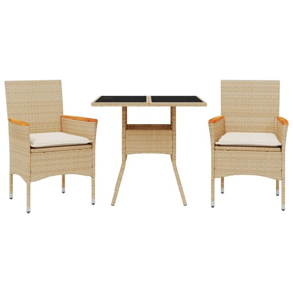 vidaXL Ensemble à manger de jardin et coussins 3 Pièces beige rotin verre