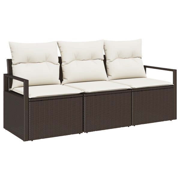 Ensemble de canapé de jardin 3 pièces avec coussins marron poly rattan