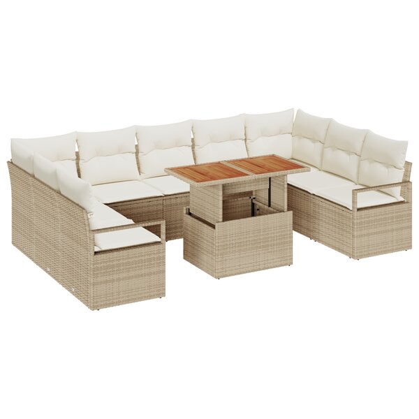 Ensemble de Canapés de Jardin 10 Pièces avec Coussins Beige Poly Rattan Acacia