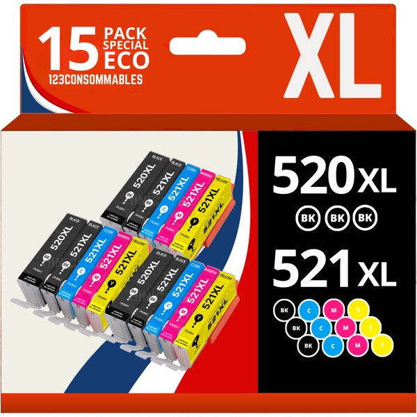 123CONSOMMABLES - PGI-520 CLI-521 - Cartouches d'encre compatibles pour Canon Pixma IP3600 IP4600 IP4600X IP4700 MP540 MP550 MP560 MP620 MP630 MP640 MP640R MP980 MP990 MX860 MX870 (Lot de 15)