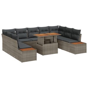 vidaXL jeu de salle à manger de jardin de 10 pièces avec coussins gris en poly rotin et acacia