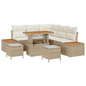 Set de Canapé de Jardin de 8 Pièces avec Coussins en Rattan Poly Beige Acacia